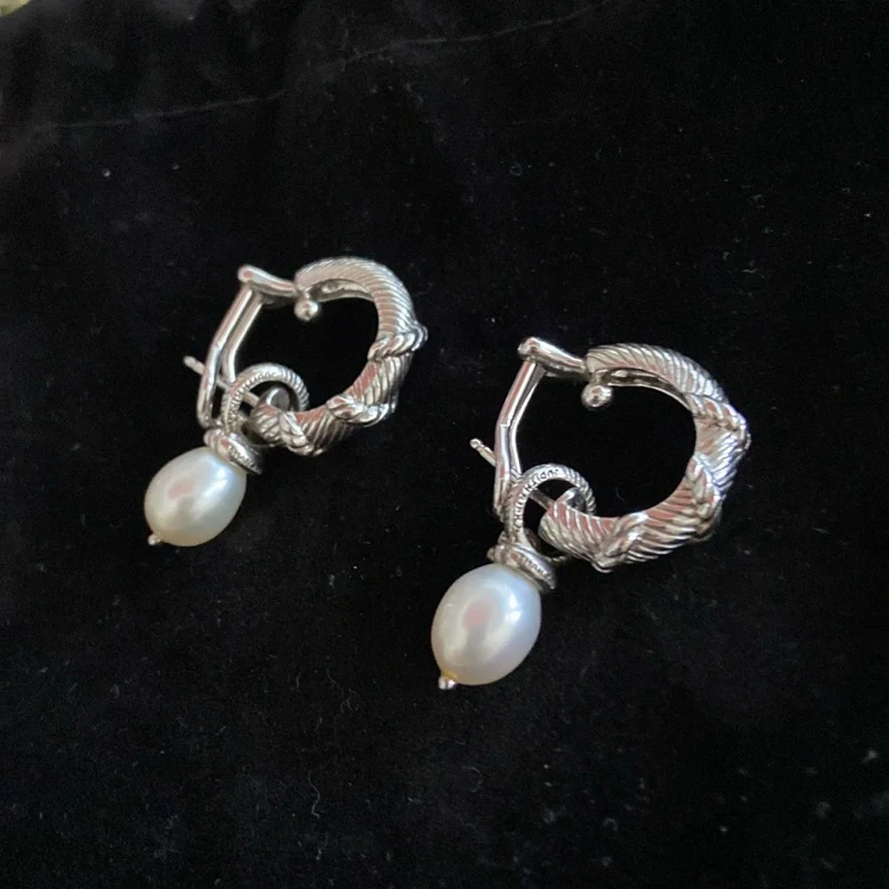 Judith Ripka sterling silver, pearl and red stone interchangeable earrings